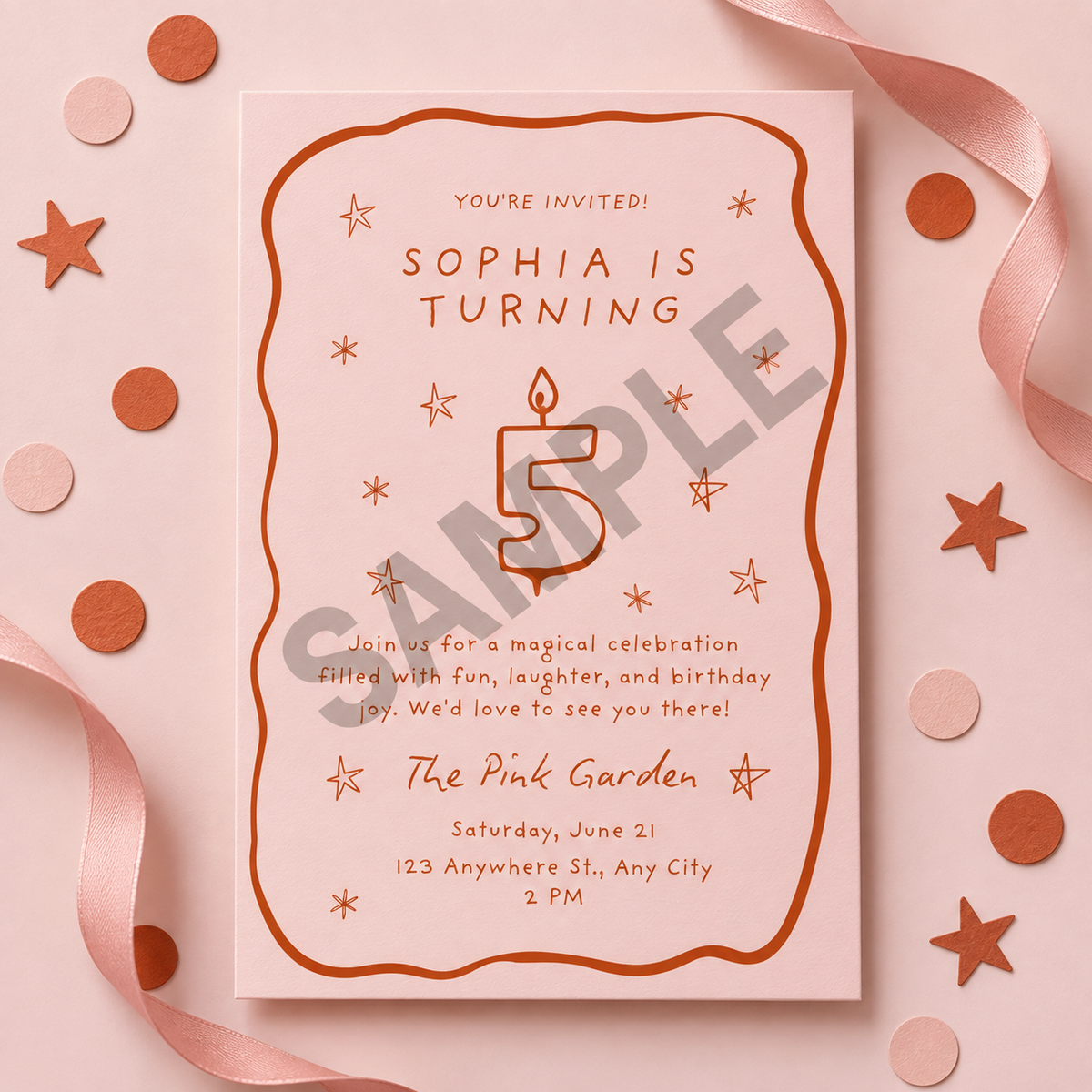 Blush Pink Hand-Drawn Birthday Invitation Template