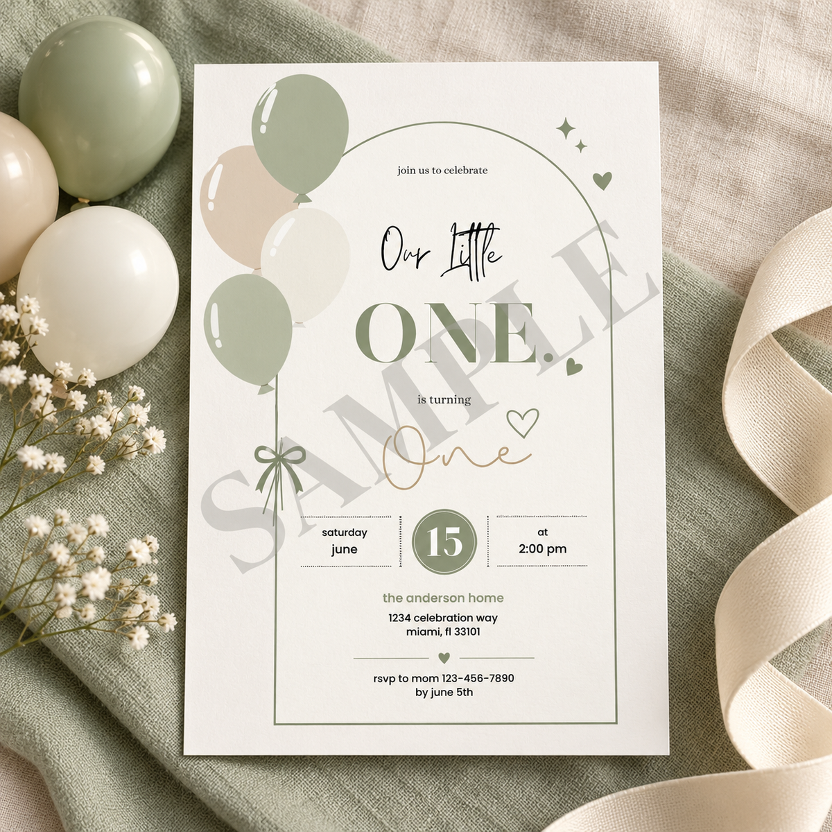 Neutral Balloon First Birthday Invitation Template