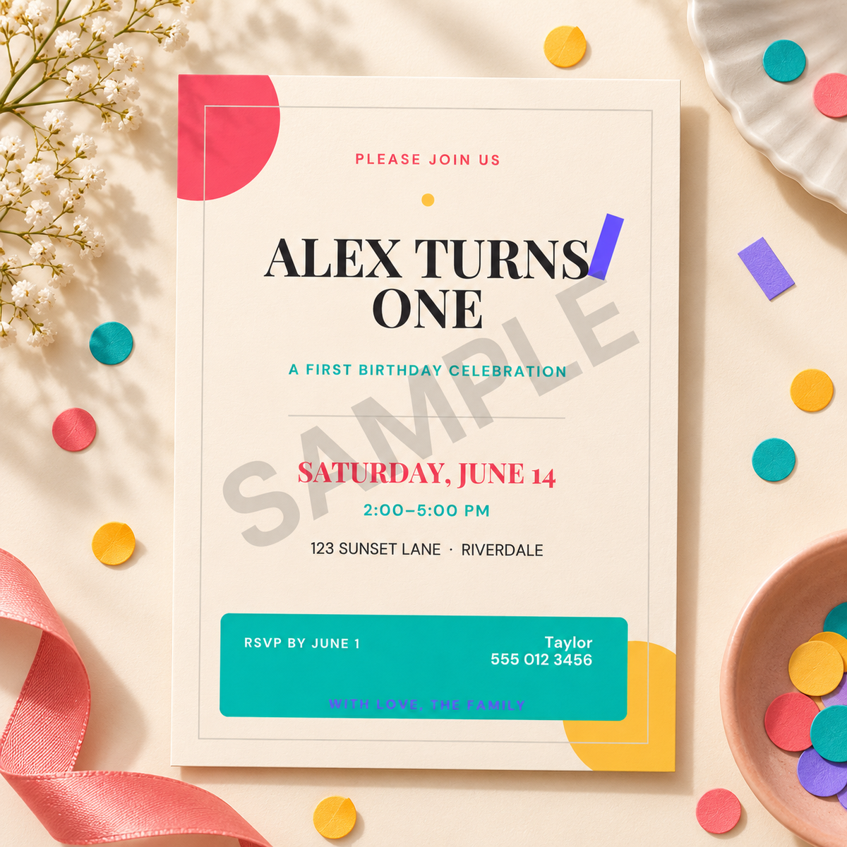Color Block First Birthday Invitation Template