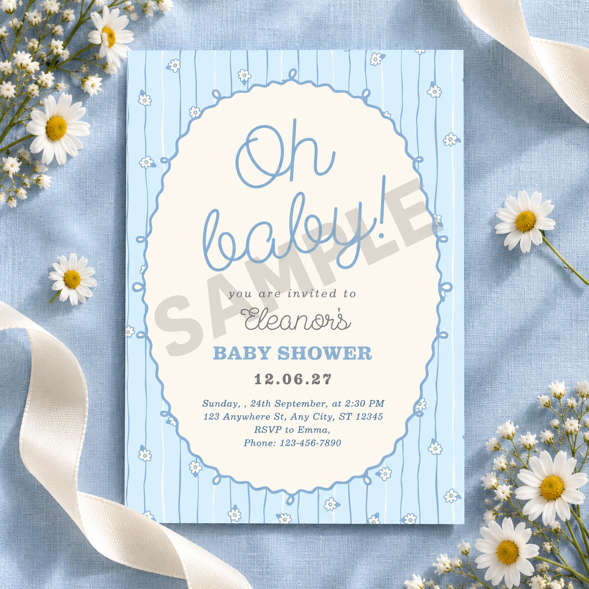 Blue Floral Baby Shower Invitation Template
